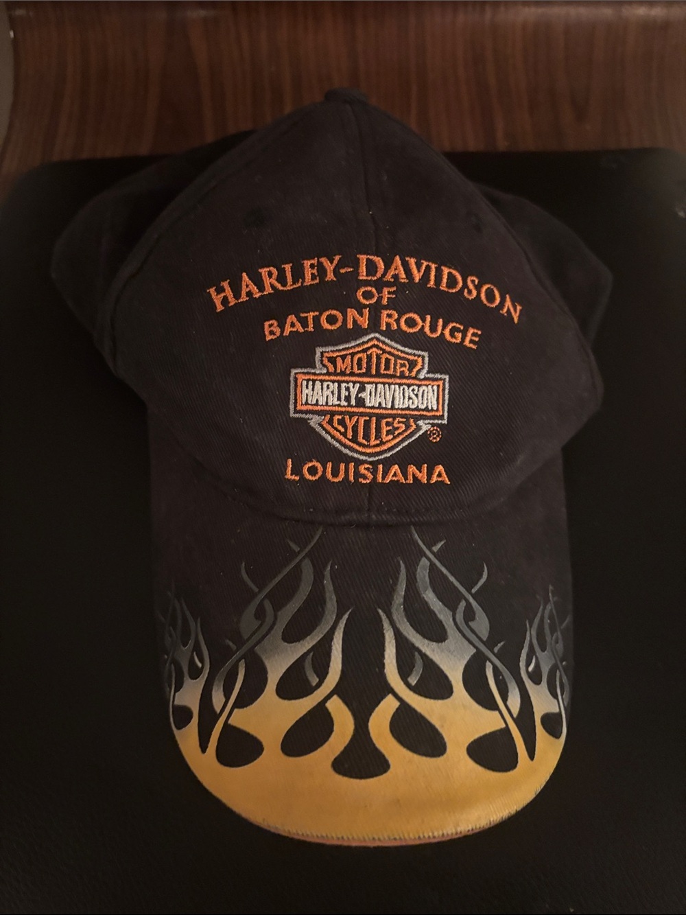 Harley-Davidson Black Cap with Orange and Yellow Flame Design